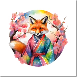 Vibrant Rainbow Kimono Kitsune with Cherry Blossoms Posters and Art